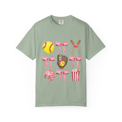 Softball Mom Graphic T-Shirt — Pink Bows, Glove & Helmet Design