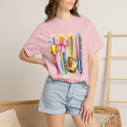 Softball Mama T-Shirt - Colorful Bats & Glove Graphic