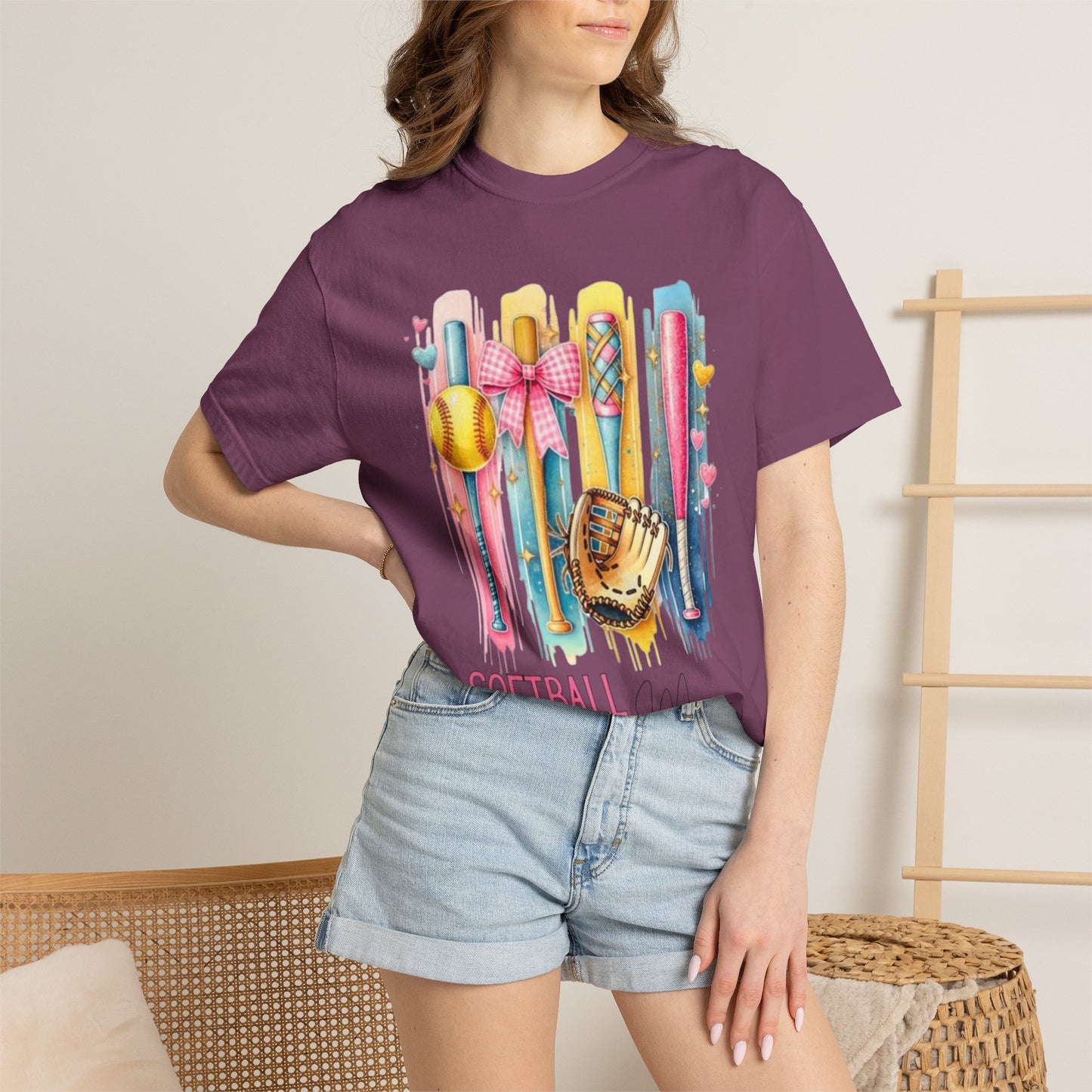 Softball Mama T-Shirt - Colorful Bats & Glove Graphic