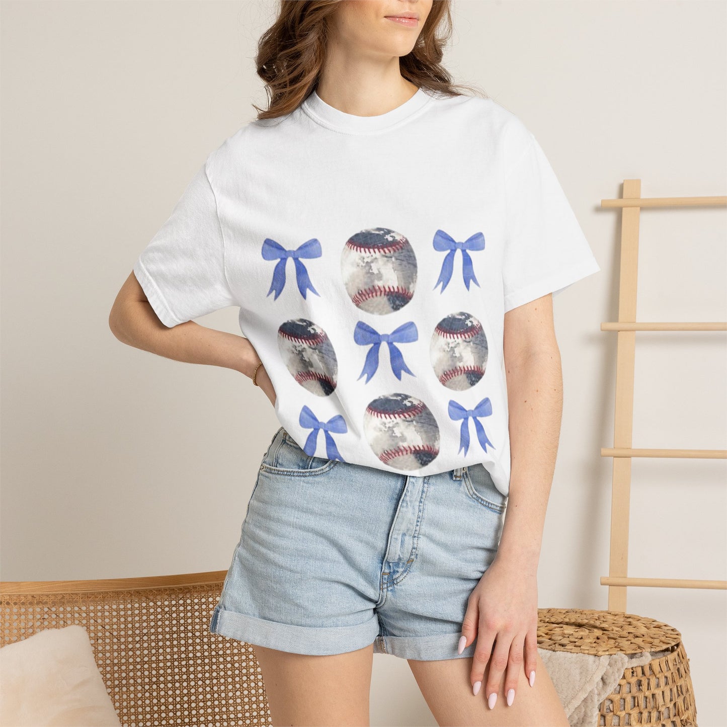 Baseball Bow Pattern T-Shirt — Cute Sports Graphic Tee