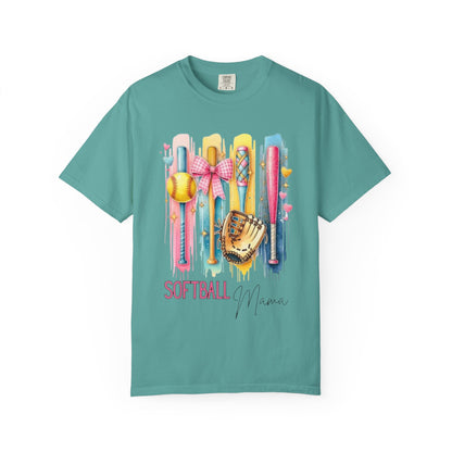 Softball Mama T-Shirt - Colorful Bats & Glove Graphic