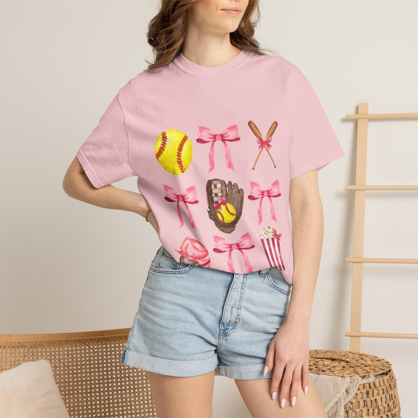Softball Mom Graphic T-Shirt — Pink Bows, Glove & Helmet Design