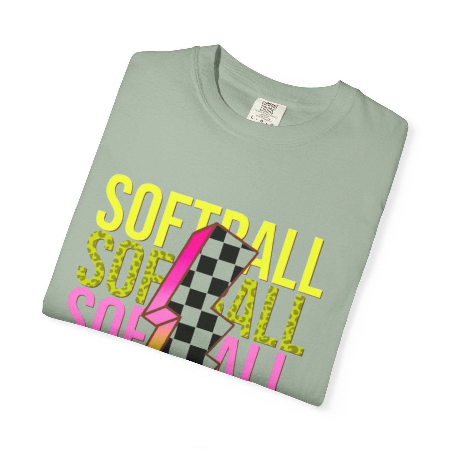 Softball Lightning Tee — Checkerboard Bolt Graphic Softball T‑Shirt
