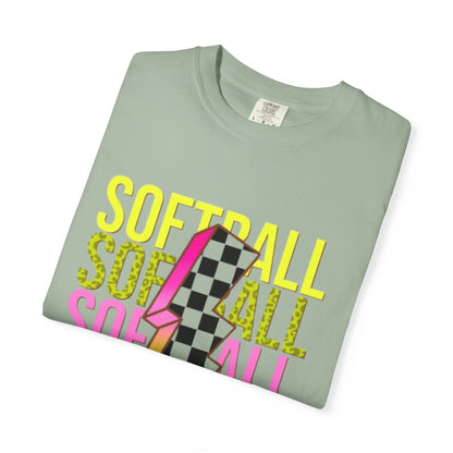 Softball Lightning Tee — Checkerboard Bolt Graphic Softball T‑Shirt