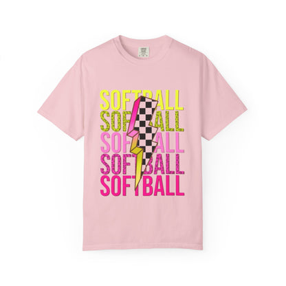Softball Lightning Tee — Checkerboard Bolt Graphic Softball T‑Shirt