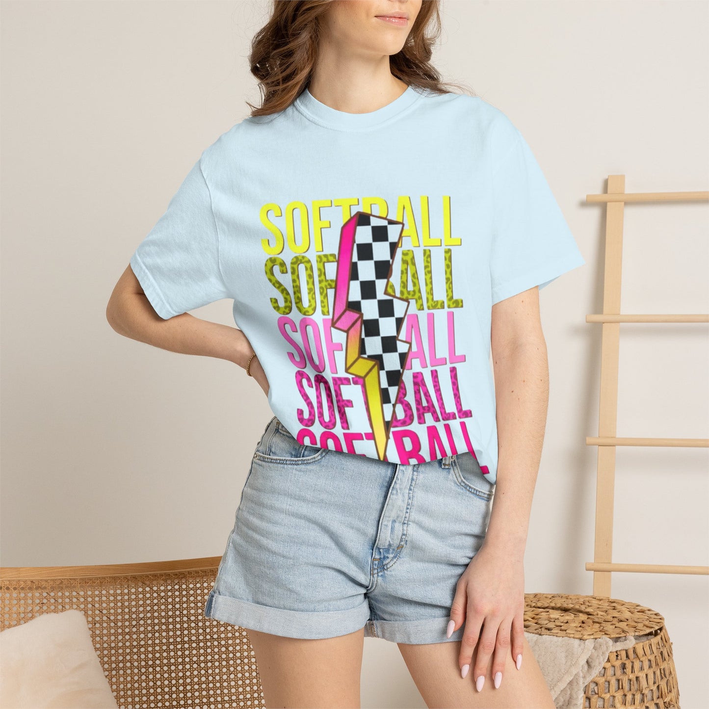 Softball Lightning Tee — Checkerboard Bolt Graphic Softball T‑Shirt