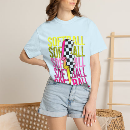 Softball Lightning Tee — Checkerboard Bolt Graphic Softball T‑Shirt