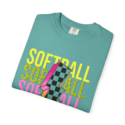 Softball Lightning Tee — Checkerboard Bolt Graphic Softball T‑Shirt