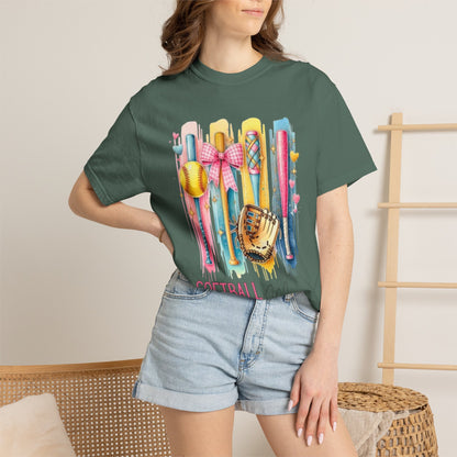 Softball Mama T-Shirt - Colorful Bats & Glove Graphic