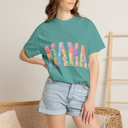 Mama Patchwork Graphic T-Shirt – Colorful Quilted Letter Tee for Moms