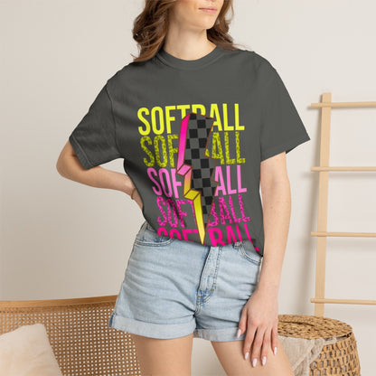 Softball Lightning Tee — Checkerboard Bolt Graphic Softball T‑Shirt