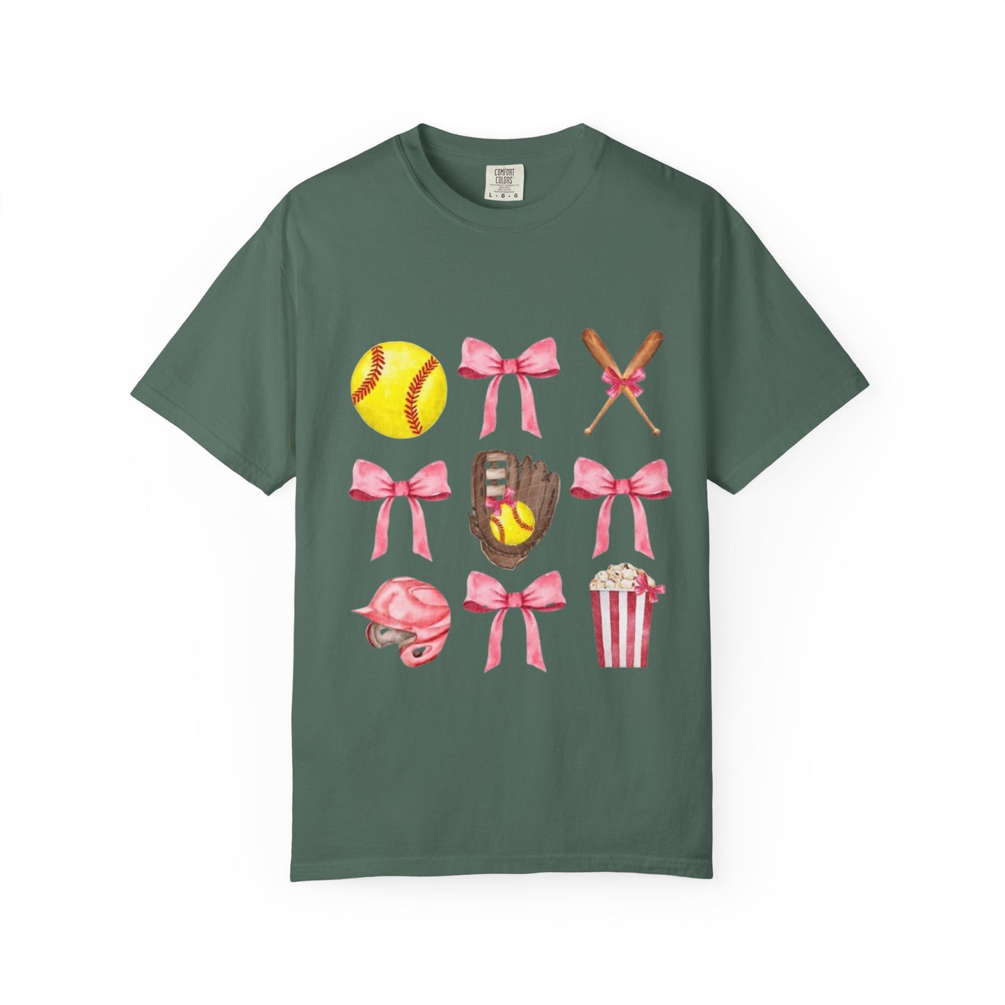 Softball Mom Graphic T-Shirt — Pink Bows, Glove & Helmet Design
