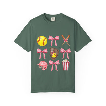 Softball Mom Graphic T-Shirt — Pink Bows, Glove & Helmet Design