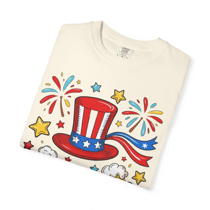 Patriotic Party T-Shirt — Uncle Sam Hat, Fireworks & Balloon Dog 4th of July Tee