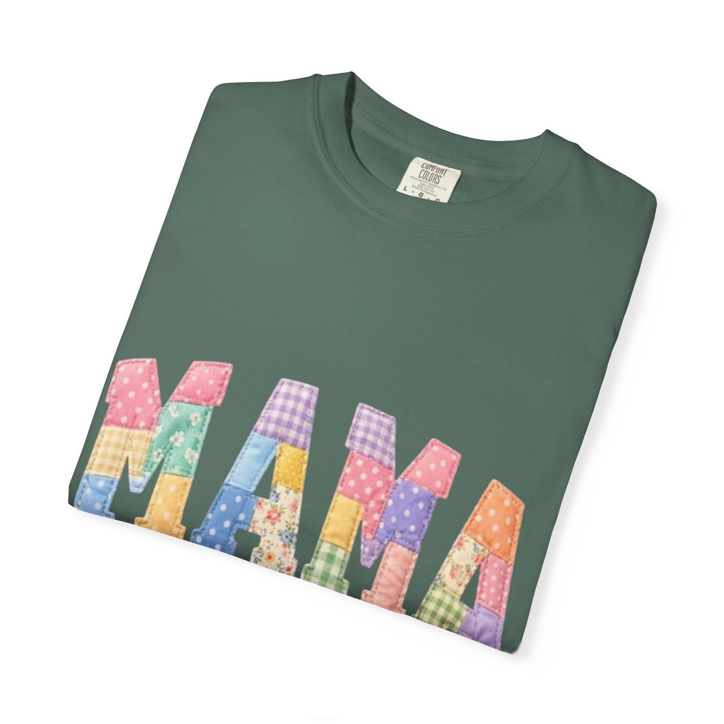 Mama Patchwork Graphic T-Shirt – Colorful Quilted Letter Tee for Moms