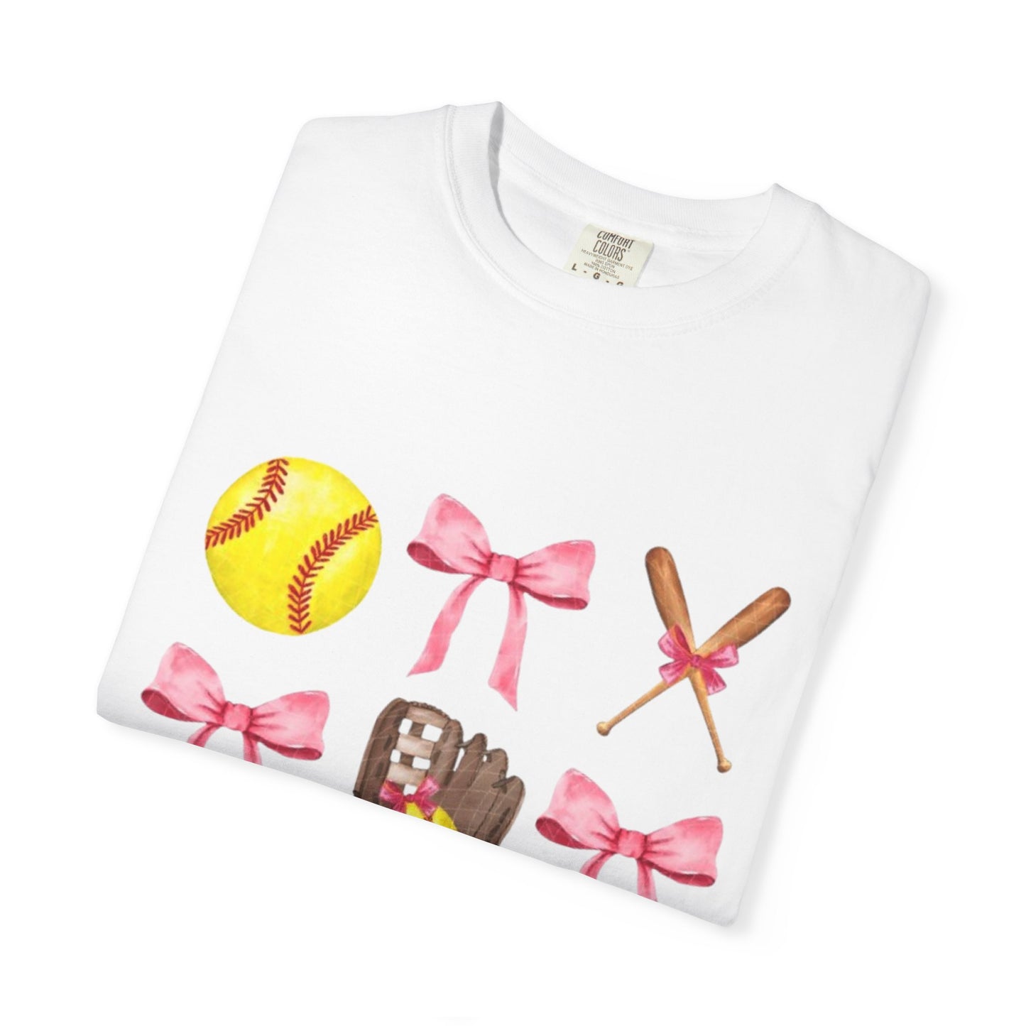 Softball Mom Graphic T-Shirt — Pink Bows, Glove & Helmet Design