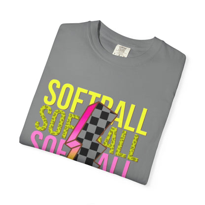 Softball Lightning Tee — Checkerboard Bolt Graphic Softball T‑Shirt