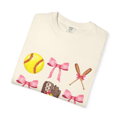 Softball Mom Graphic T-Shirt — Pink Bows, Glove & Helmet Design