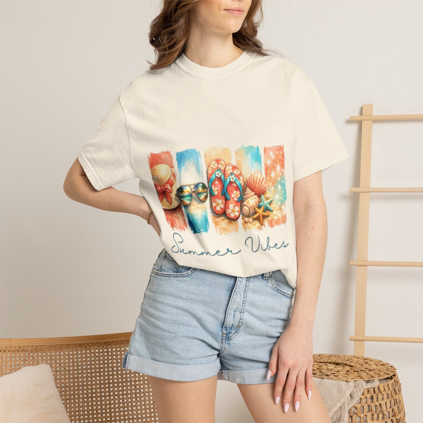 Summer Vibes T-Shirt — Beach Flip-Flops & Shells Graphic Tee