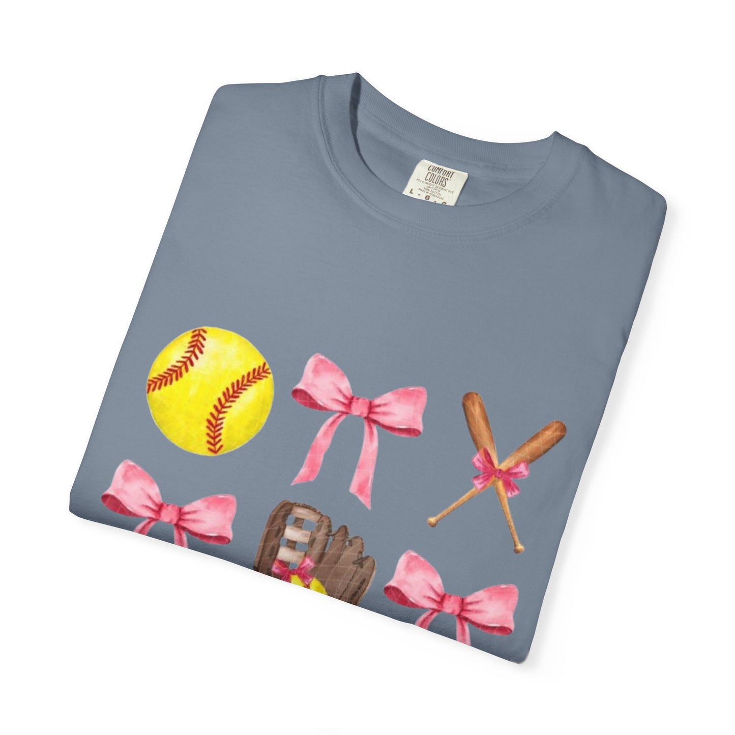 Softball Mom Graphic T-Shirt — Pink Bows, Glove & Helmet Design