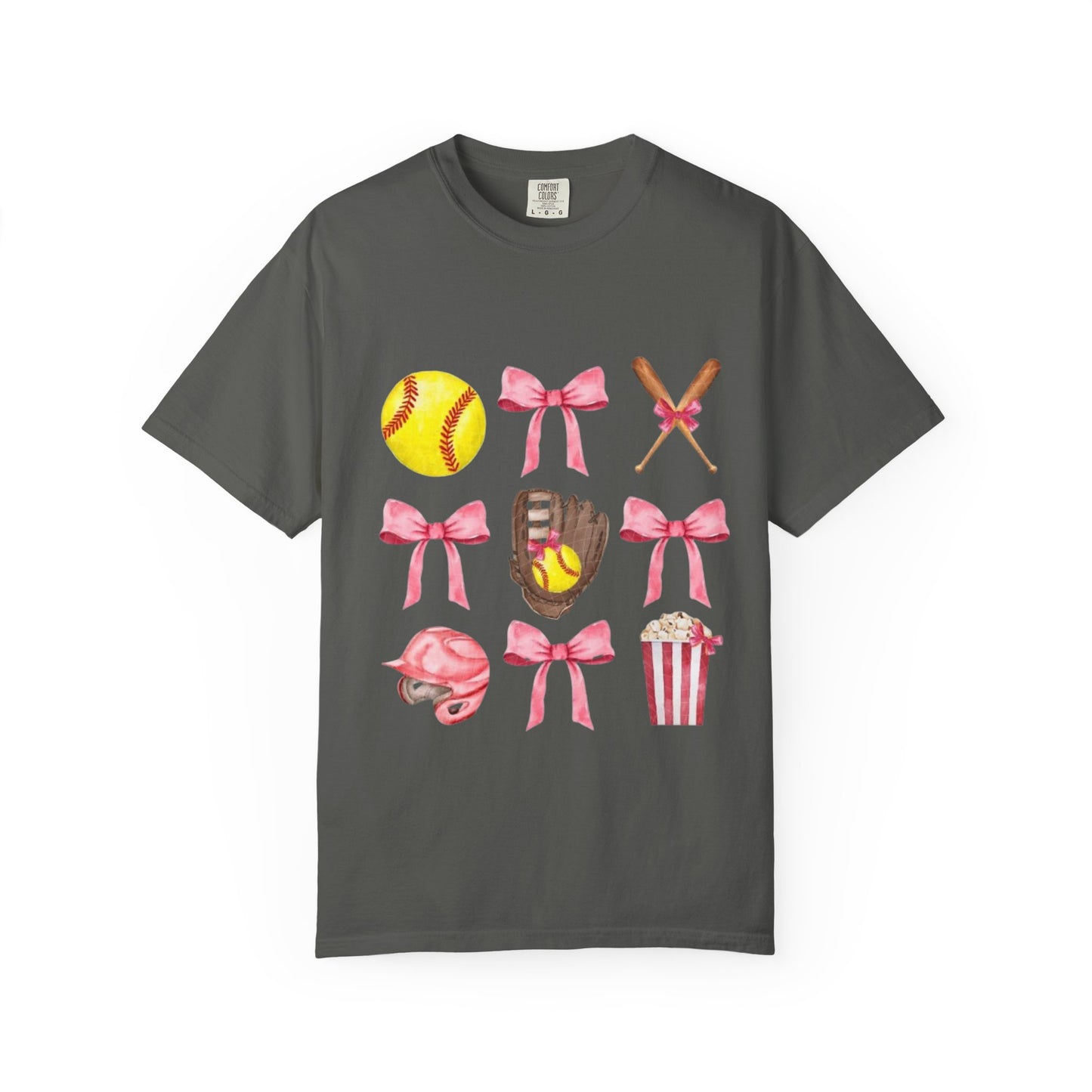 Softball Mom Graphic T-Shirt — Pink Bows, Glove & Helmet Design