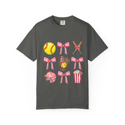 Softball Mom Graphic T-Shirt — Pink Bows, Glove & Helmet Design